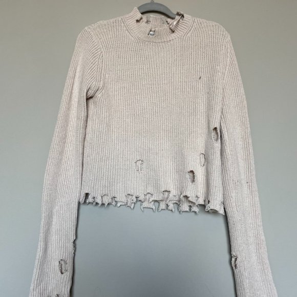 High neck Beige Distressed Sweater Size Small - Picture 1 of 3